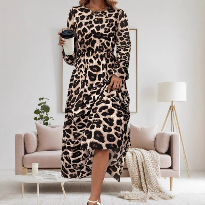Damen Elegantes Langarm-Maxikleid mit modernem Tierprint und asymmetrischem Saum Drune