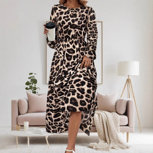 Damen Elegantes Langarm-Maxikleid mit modernem Tierprint und asymmetrischem Saum Drune