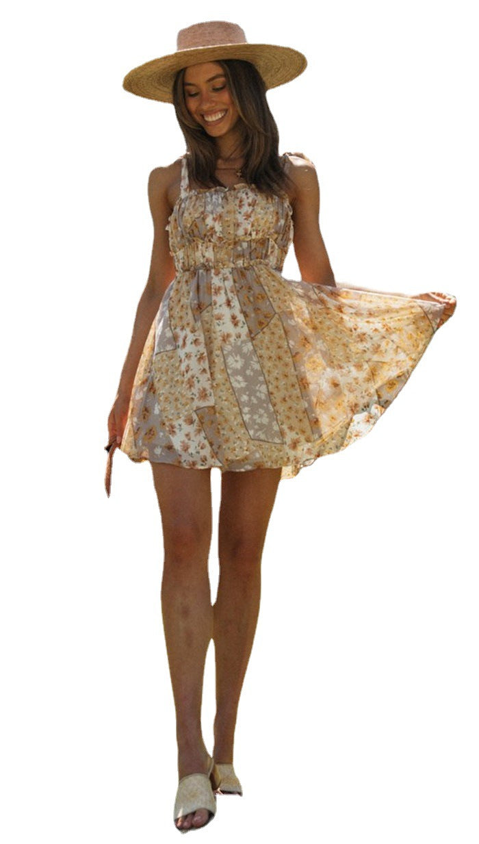 Damen luftiges Sommerkleid mit verspieltem Blumenmuster und Spaghetti-Trägern Drune