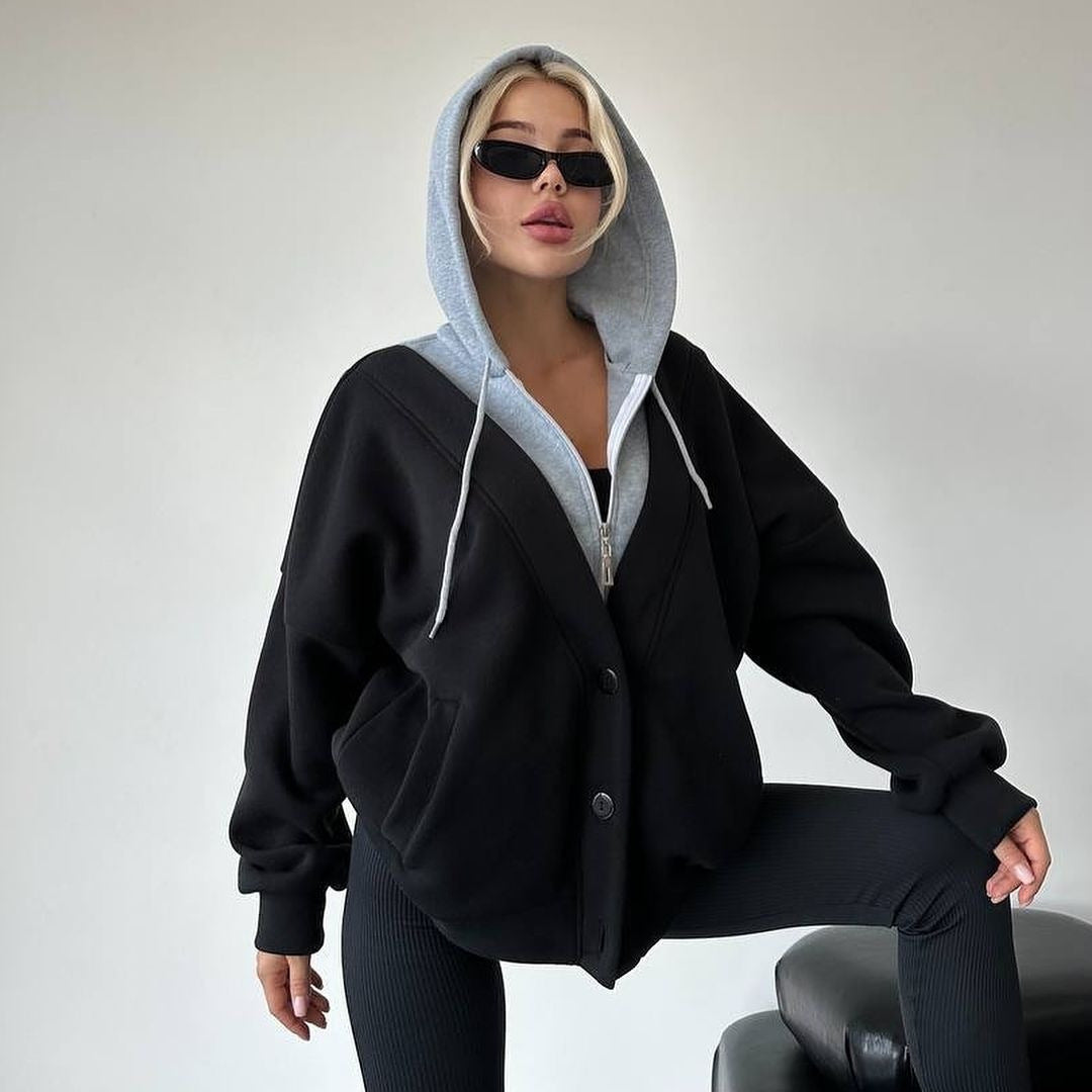 Damen gemütlicher Oversized-Jacke mit Kapuze und Druckknopfverschluss Drune
