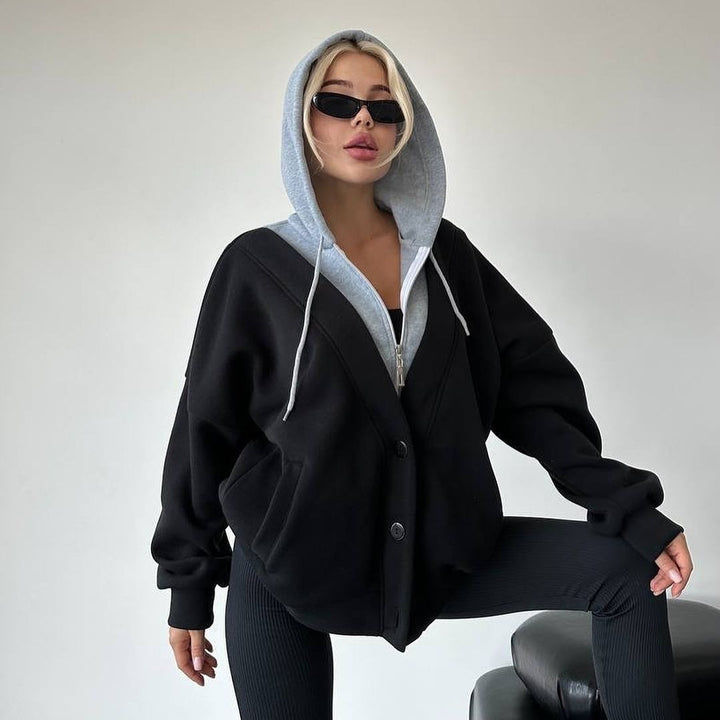 Damen gemütlicher Oversized-Jacke mit Kapuze und Druckknopfverschluss Drune