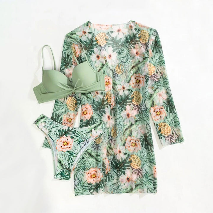 Damen Bademode-Set mit floralem Kimono und raffiniertem Bikini Drune