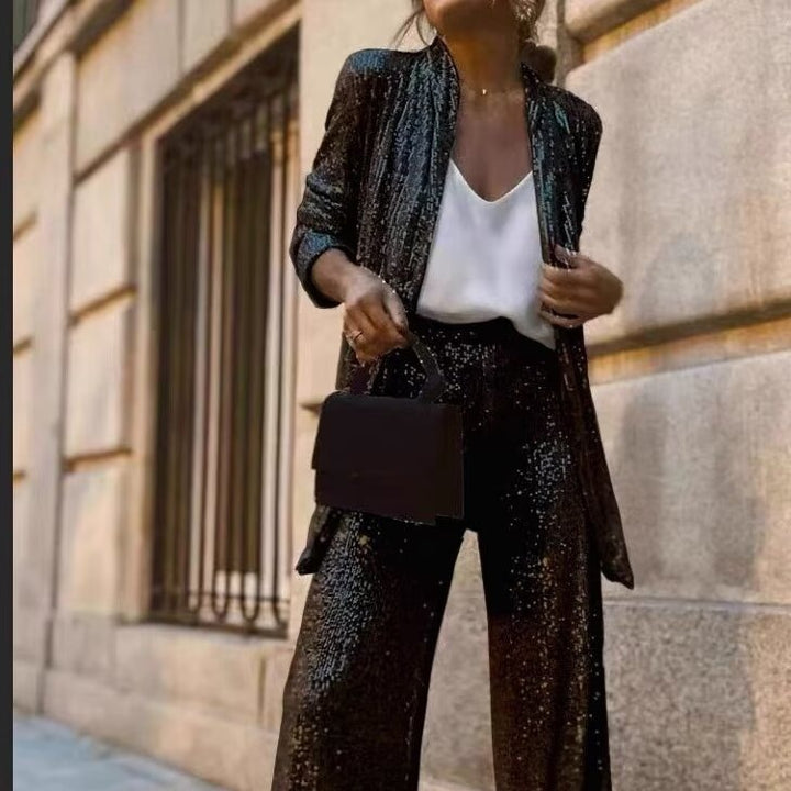 Damen nan festliches Pailletten-Zweiteiler mit offenem Kimono-Blazer und elastischer Plisseehose Drune