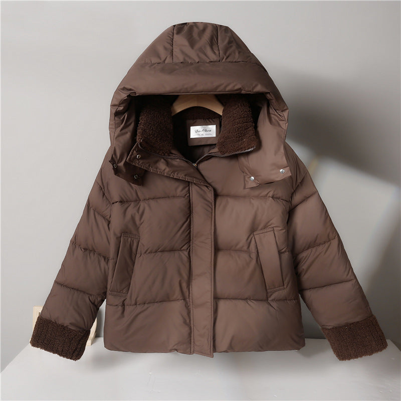 Damen nan kurze wattierte Jacke mit hochschließendem Teddykragen, Fleece-Innenfutter und verstellbarem Saum Drune