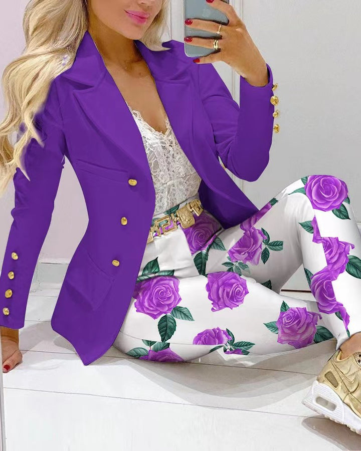 Damen Zweiteiliges Blazer-und-Hose-Set mit Schmetterlingsprint und glamourösem Glitzereffekt Drune