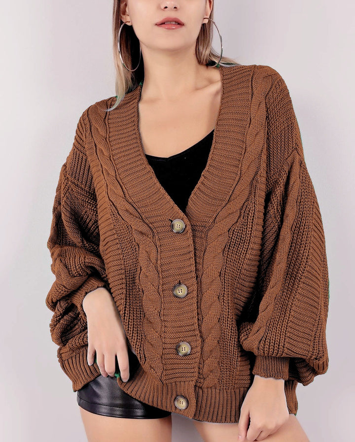 Damen Grobstrick-Cardigan mit großen Knopfdetails und voluminösen Ärmeln Drune