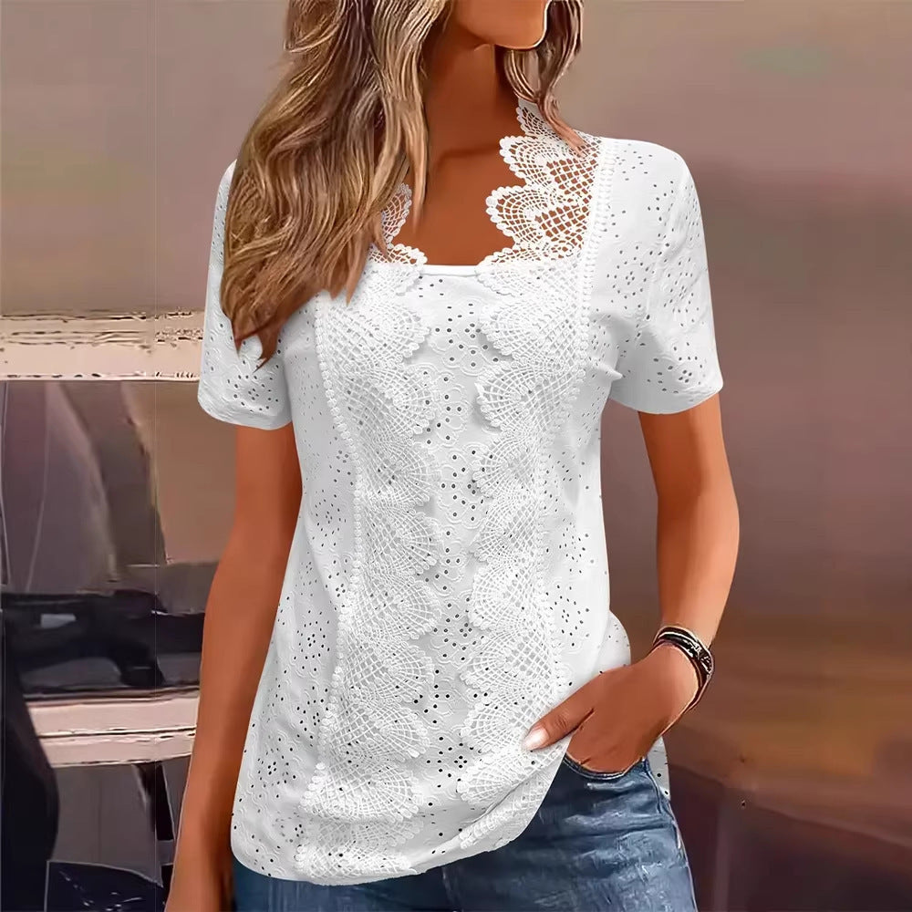 Damen nan Lochstickerei-Bluse mit Spitzenpasse und quadratischem Ausschnitt Drune