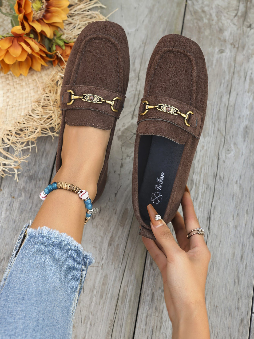 Damen Mokassins mit schicke Goldakzent und weichem Veloursleder Drune