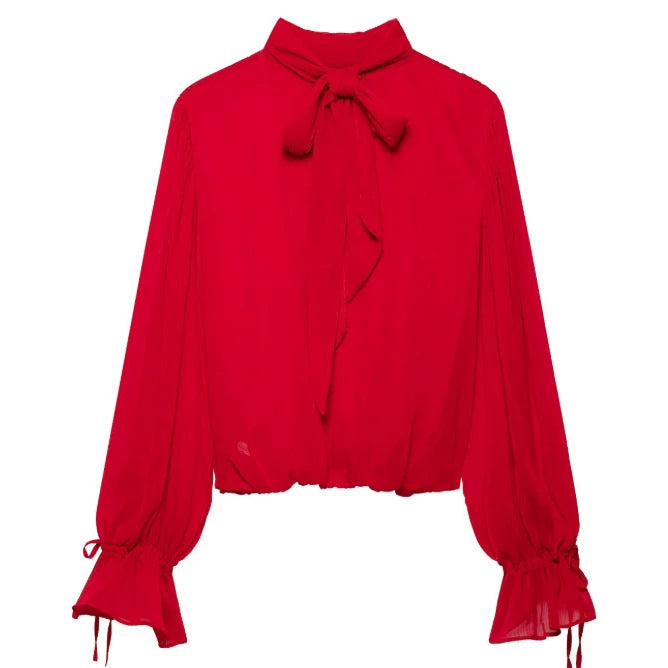 Damen Elegante Chiffon‑Schluppenbluse mit Ballonärmeln und gerafftem Saum Drune