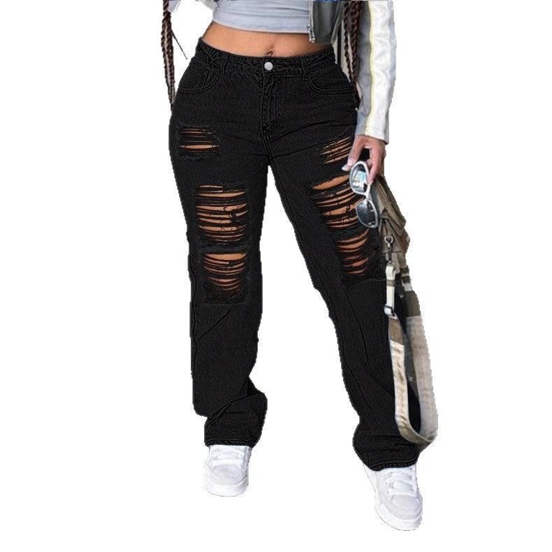Damen hochgeschnittene weite Denim-Jeans mit ausgeprägten Ripped-Details und lässigem Schnitt Drune