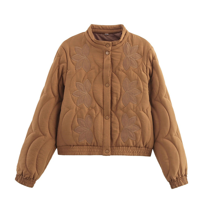 Damen Kurz geschnittene gesteppte Jacke mit Blumenapplikation und Stehkragen Drune