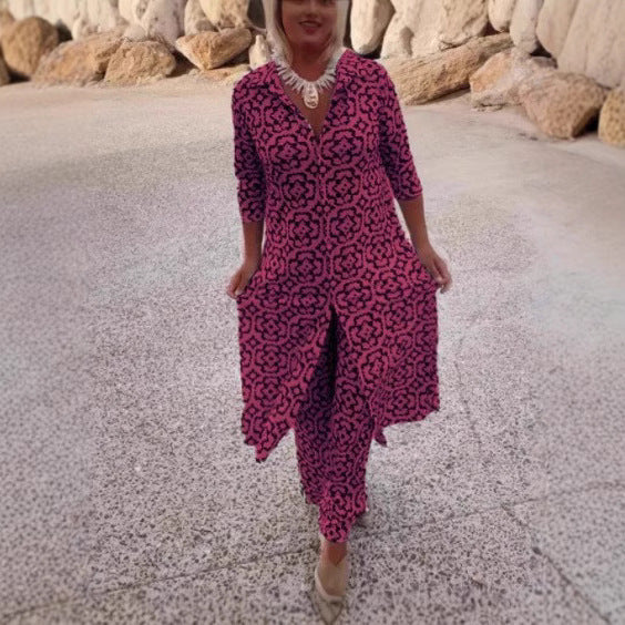Damen Freizeit Maxi Kleid in ornamentalem Druck mit V-Ausschnitt, 3/4-Ärmeln und zentralem Frontschlitz Drune
