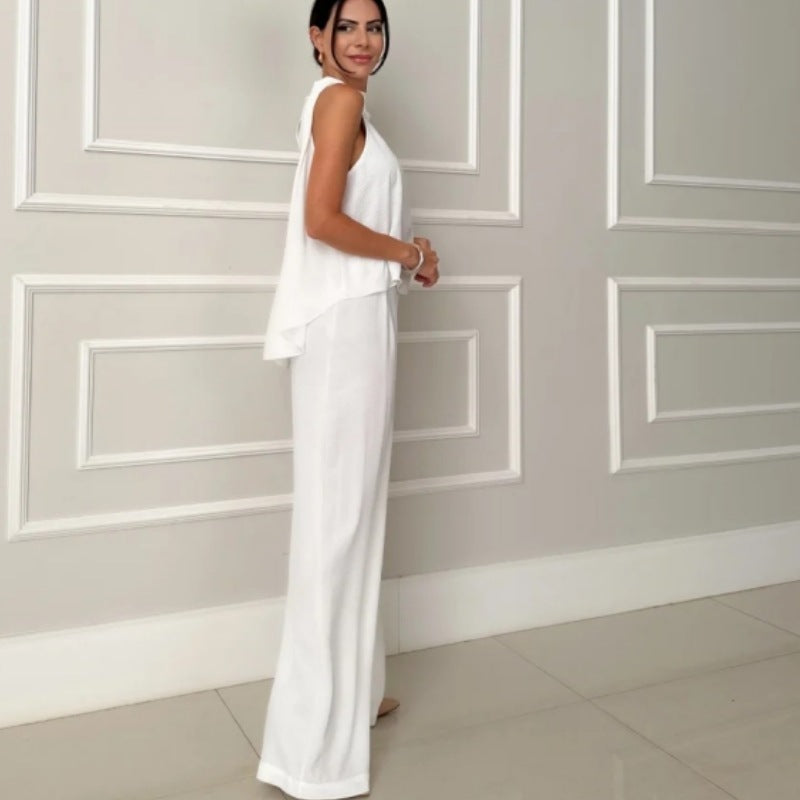 Damen elegantes Set aus lässigem Oberteil und hochsitztender Hose Drune