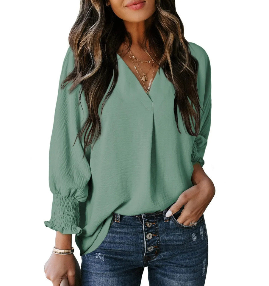 Damen V-Ausschnitt Bluse mit elastischen Ärmelbünden Drune