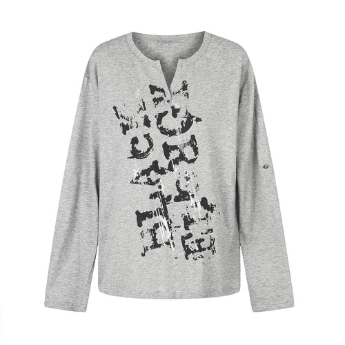 Damen Lässiges Langarmshirt mit Notch‑Ausschnitt, Oversize‑Silhouette und Druckgrafik Drune