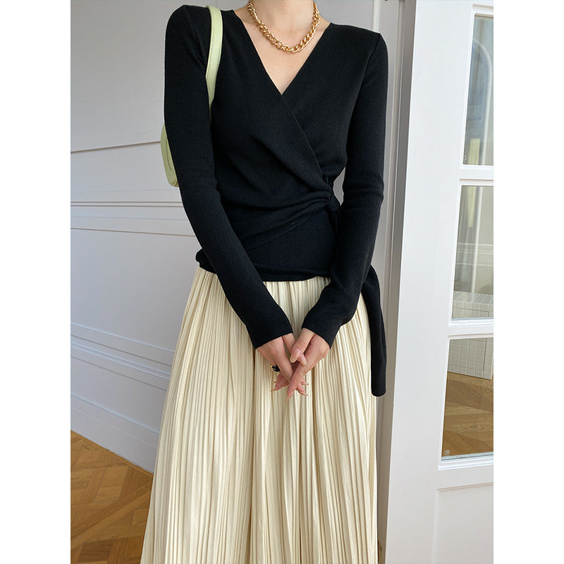 Damen Wickelpullover aus weichem Strick mit V-Ausschnitt und dekorativem Bindeband Drune