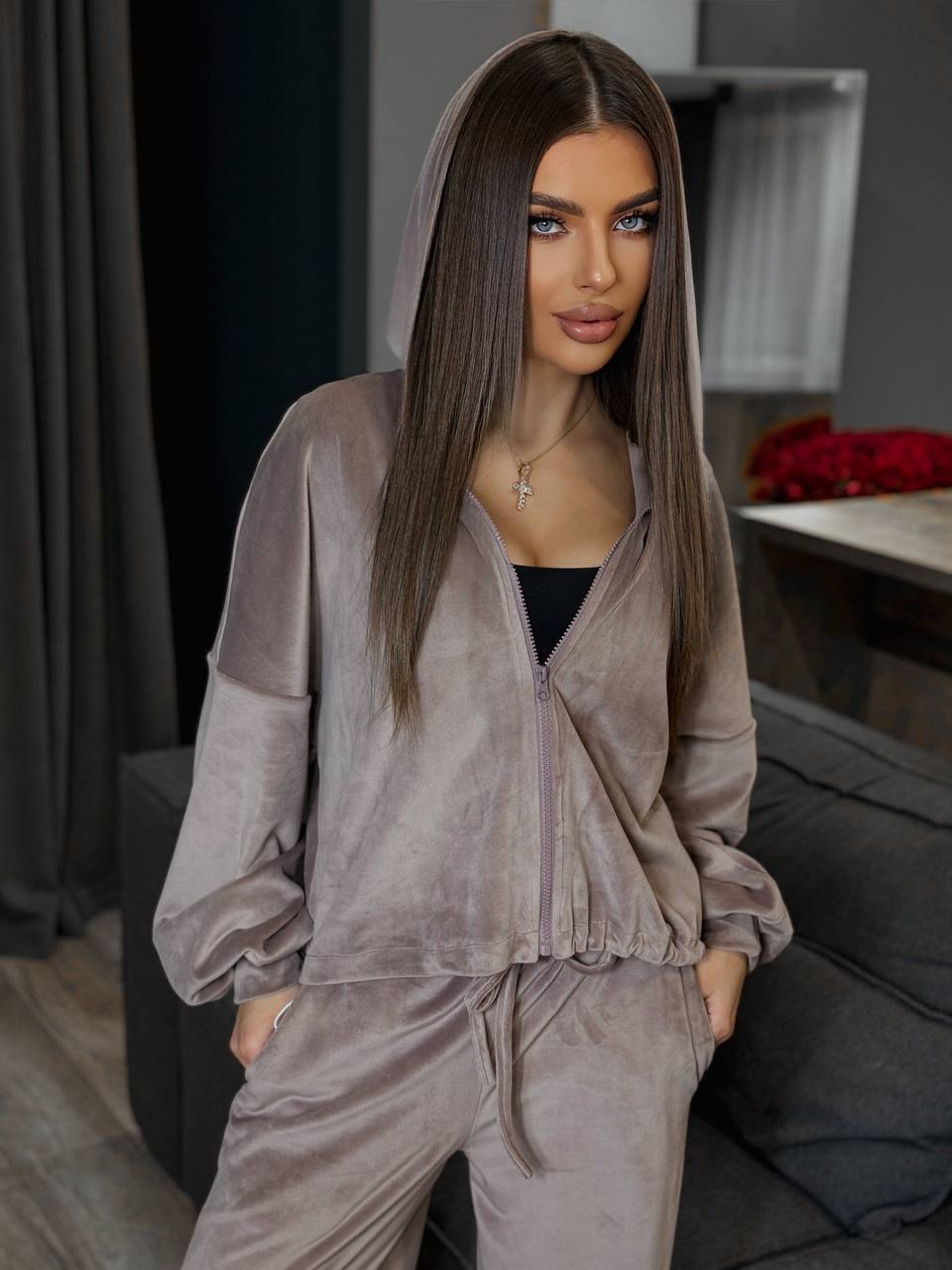 Damen luxuriöses Velours-Cropped-Hoodie und High-Waist Weite Jogginghose Set Drune