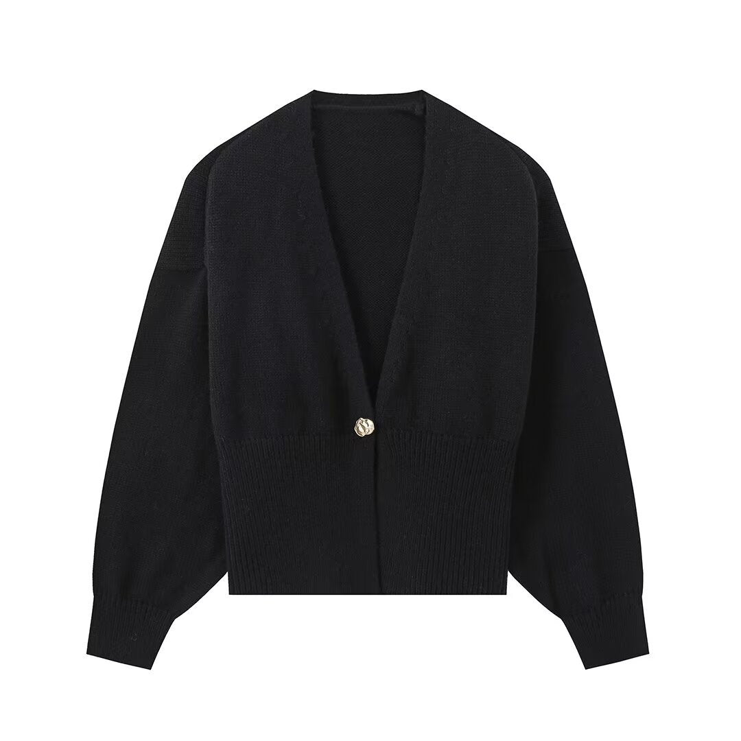 Damen Kurze V‑Ausschnitt Strickjacke mit Ballonärmeln und Zierknopf Drune