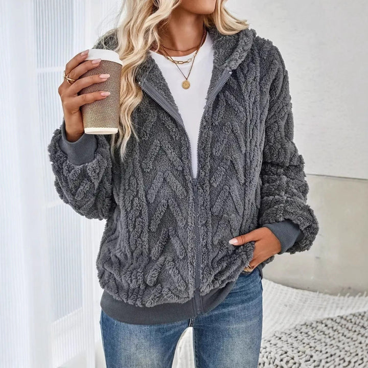 Damen Kuschelige Fleecejacke mit hochschließendem Kragen und Strickmuster Drune