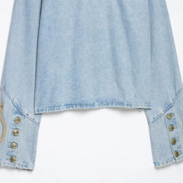 Damen Cropped-Jeansjacke im Military‑Stil mit dekorativer Kordelapplikation Drune