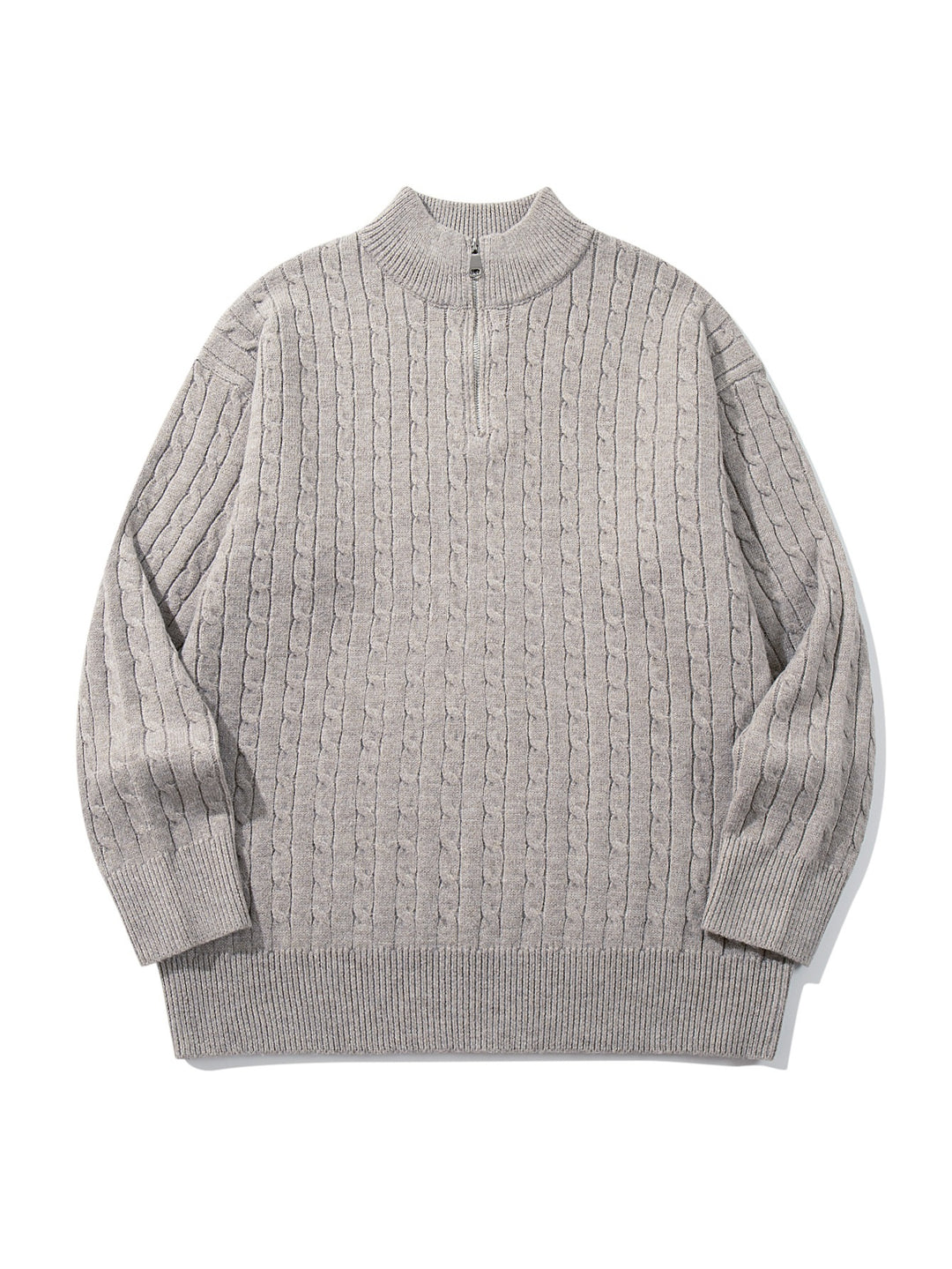 Unisex Zopfmuster-Halbzip-Strickpullover mit hohem Rippkragen und längerem Saum Drune