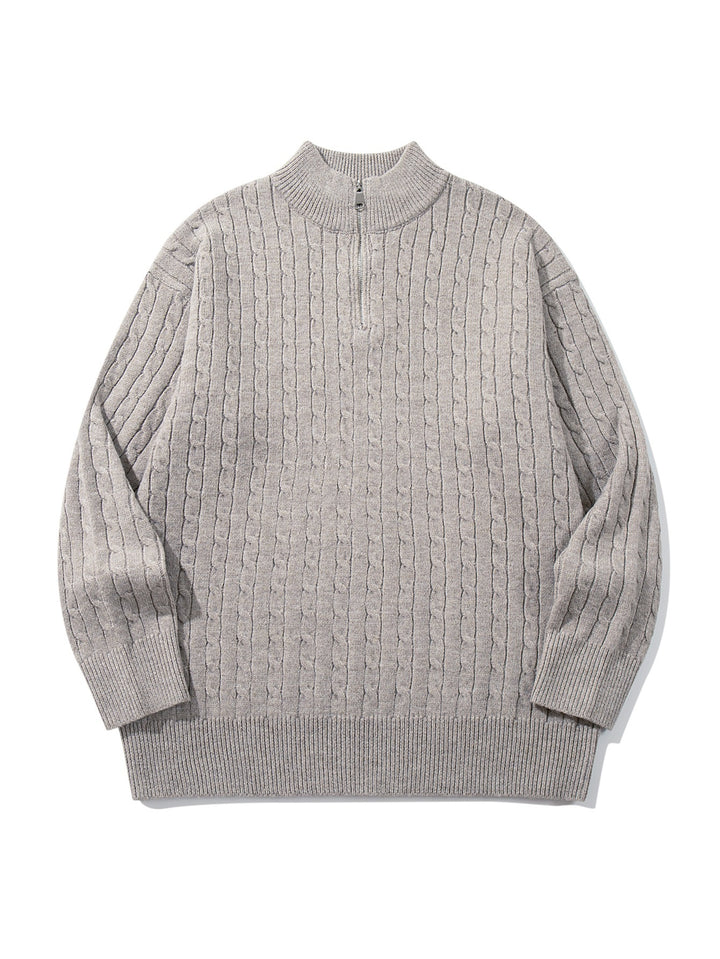 Unisex Zopfmuster-Halbzip-Strickpullover mit hohem Rippkragen und längerem Saum Drune