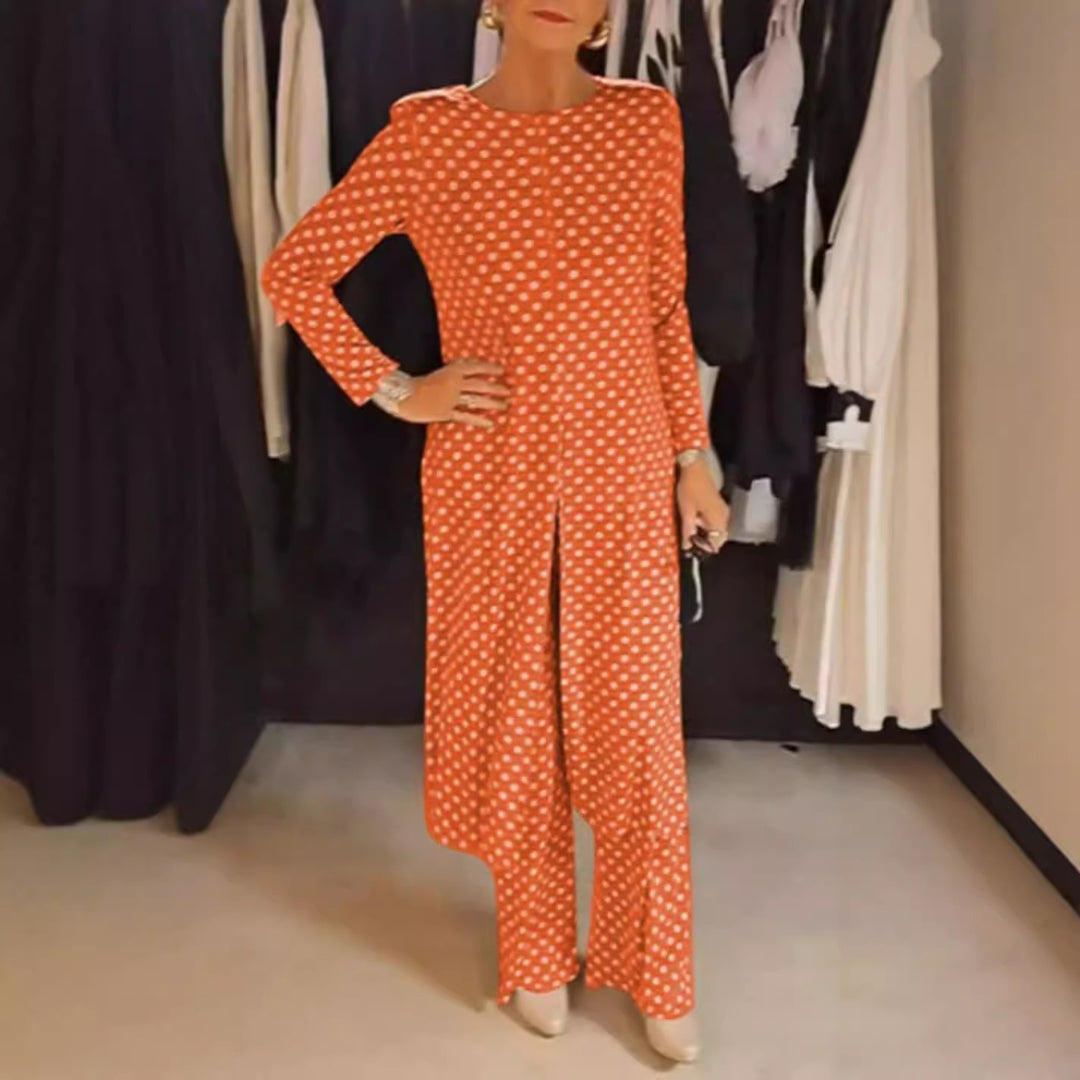 Damen nan Pünktchen-Lounge-Ensemble mit langer A-Linien-Tunika, mittigem Frontschlitz und weiter Palazzohose Drune