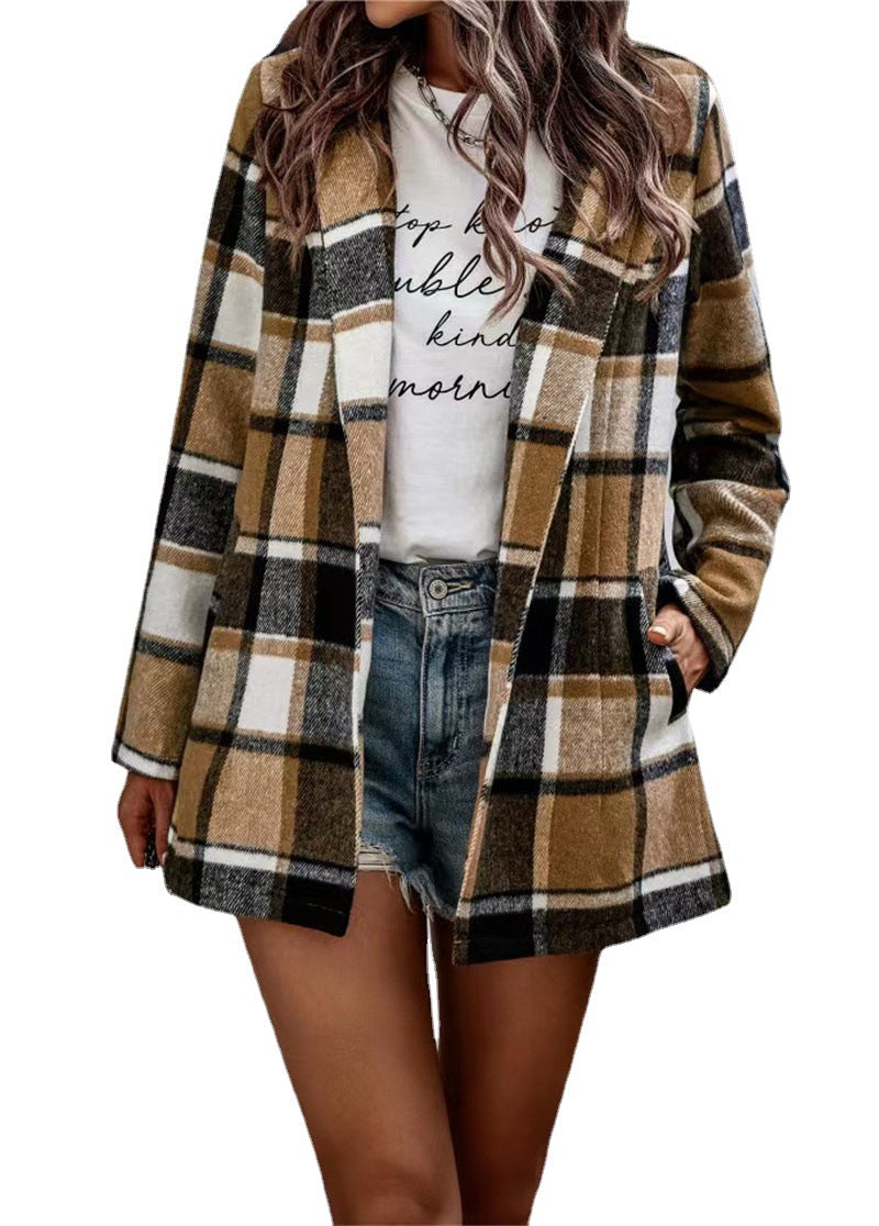Damen Kariertes Longblazer‑Shacket ohne Kragen, offen geschnitten Drune