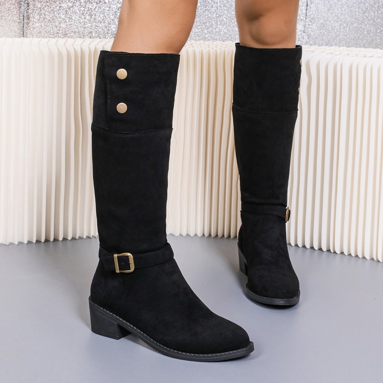 Damen kniehohe Velourslederstiefel mit niedrigem Blockabsatz und Zierriemen Drune