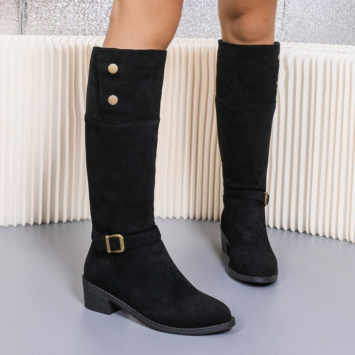 Damen kniehohe Velourslederstiefel mit niedrigem Blockabsatz und Zierriemen Drune