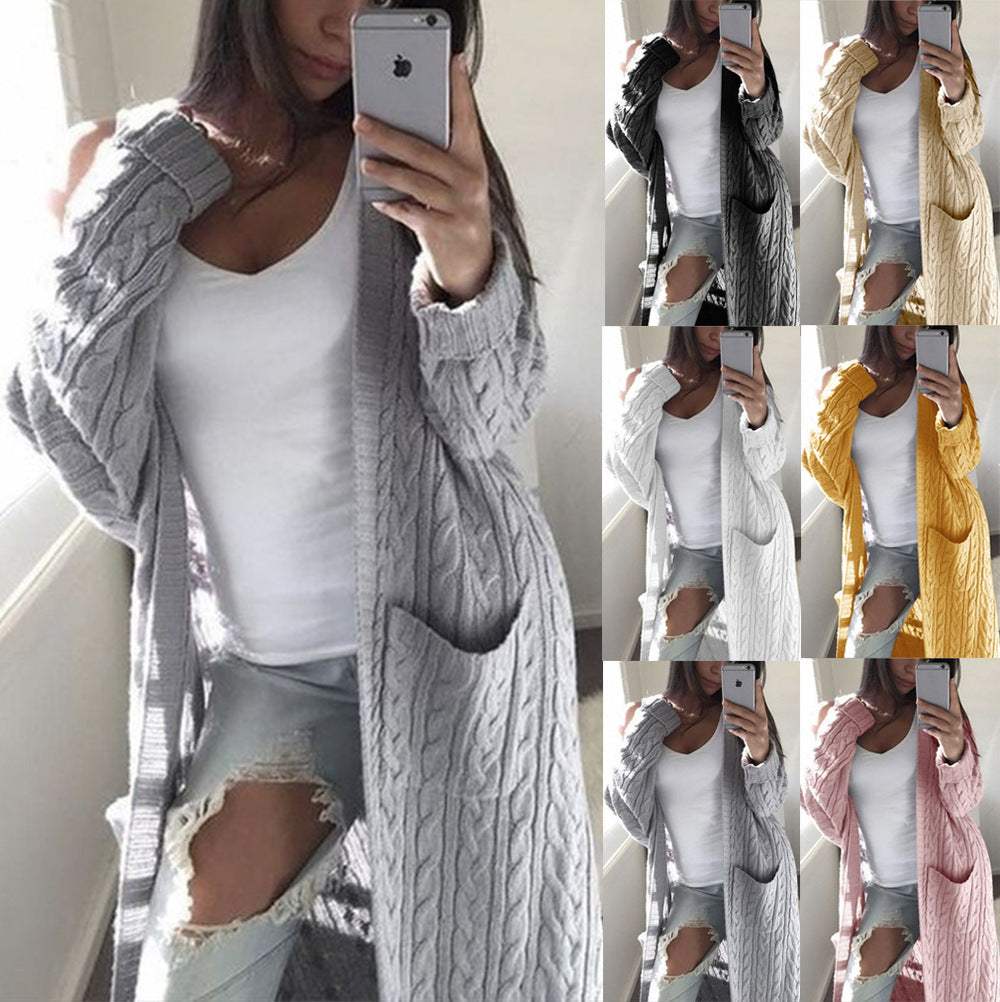 Damen Langer Oversize Zopfmuster-Strickcardigan mit Eingrifftaschen Drune