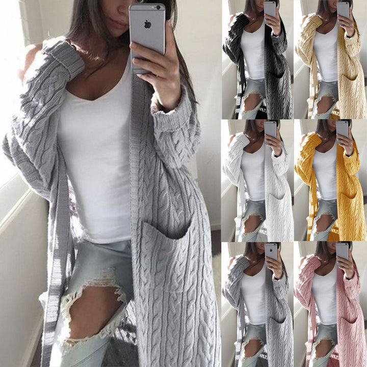 Damen Langer Oversize Zopfmuster-Strickcardigan mit Eingrifftaschen Drune