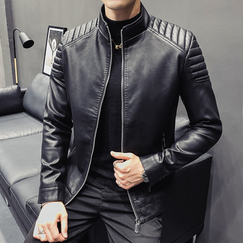 Herren schlanker Kunstleder-Moto-Blouson mit ergonomischen Nähten, Rippenstepp an Schultern und verdeckten Reißverschlusstaschen Drune