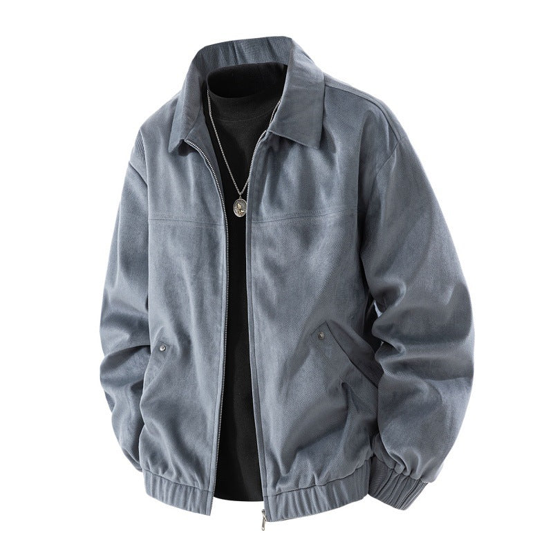 Herren leichte Harringtonjacke im Veloursleder‑Look mit Hemdkragen, durchgehendem Reißverschluss und elastischem Saum Drune