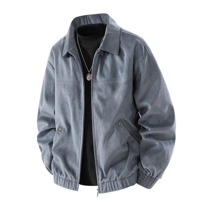 Herren leichte Harringtonjacke im Veloursleder‑Look mit Hemdkragen, durchgehendem Reißverschluss und elastischem Saum Drune