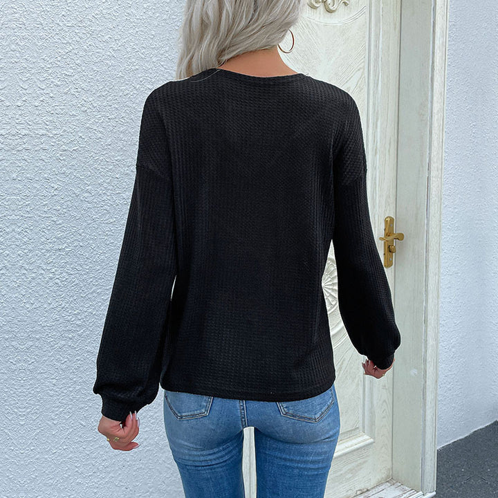 Damen Langarm Waffelshirt mit Spitzen-Einsatz und V-Form Drune