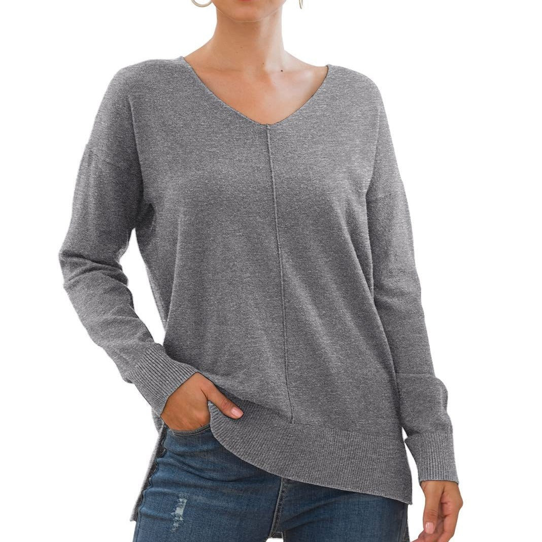 Damen eleganter V-Ausschnitt Pullover mit asymmetrischem Saum Drune