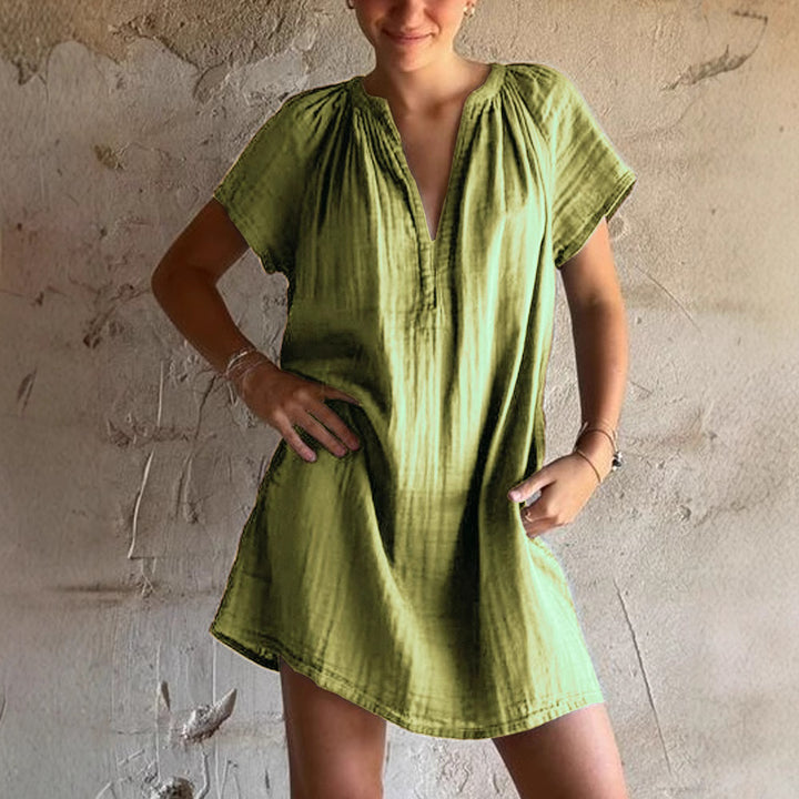 Damen lässiges Tunika-Kleid mit tiefem V-Ausschnitt und Raffung Drune