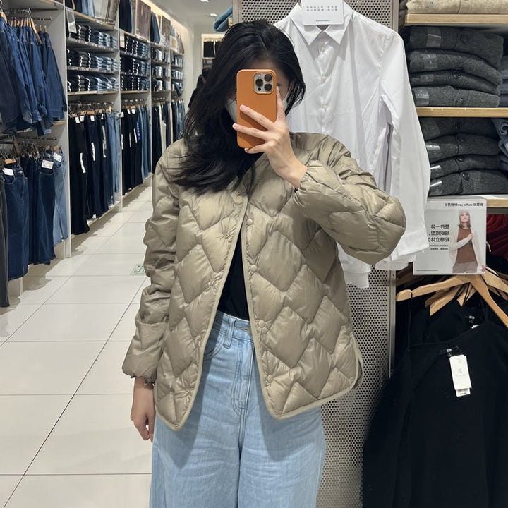 Damen Gesteppte Kurzjacke mit Diamantsteppung, Rundhalsausschnitt und Druckknöpfen Drune