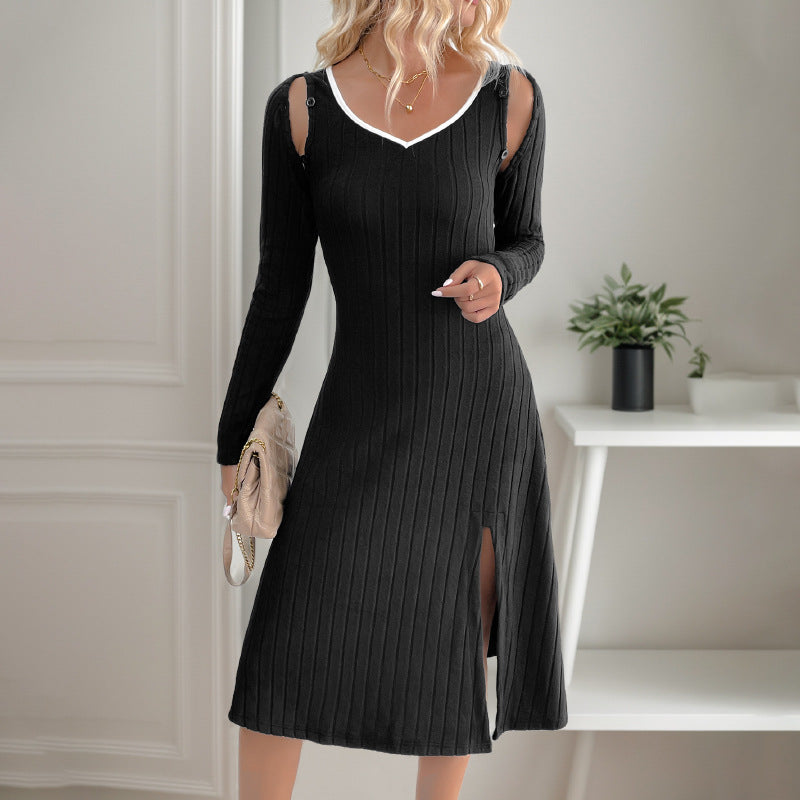 Damen Geripptes Strick-Midikleid mit V-Ausschnitt, figurbetonter Silhouette und seitlichem Schlitz Drune