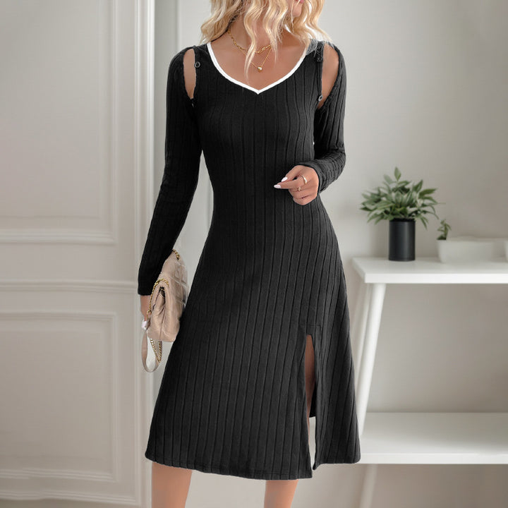Damen Geripptes Strick-Midikleid mit V-Ausschnitt, figurbetonter Silhouette und seitlichem Schlitz Drune