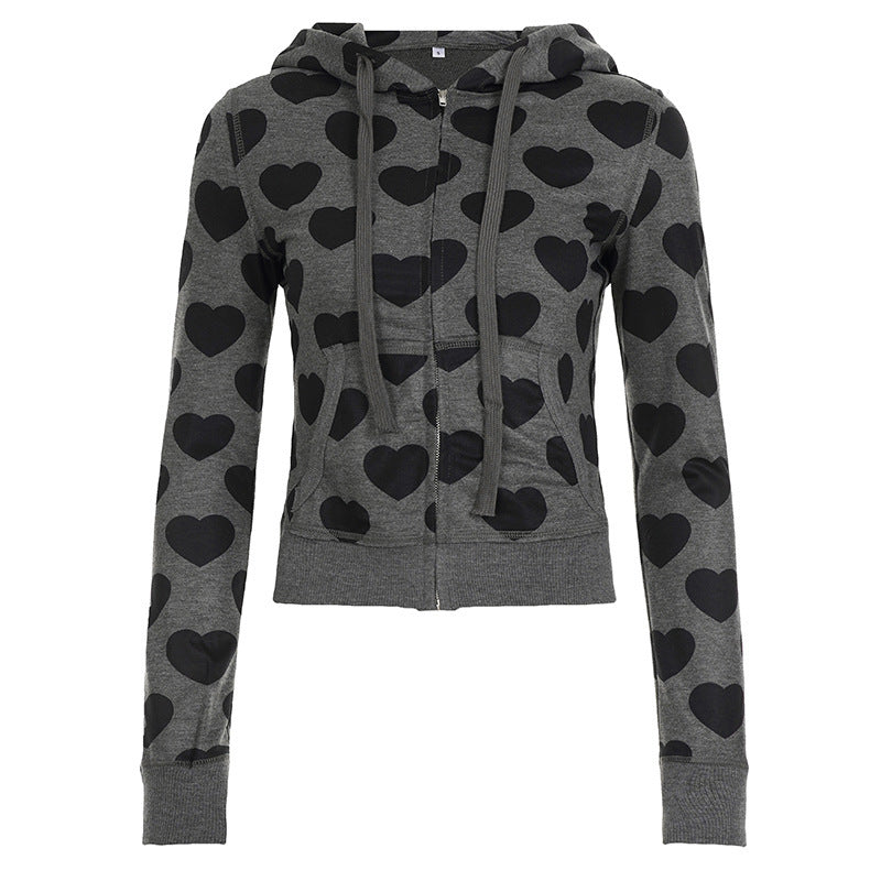 Damen Kurze Kapuzenjacke mit Reißverschluss, Kängurutasche und Allover-Herzmuster Drune