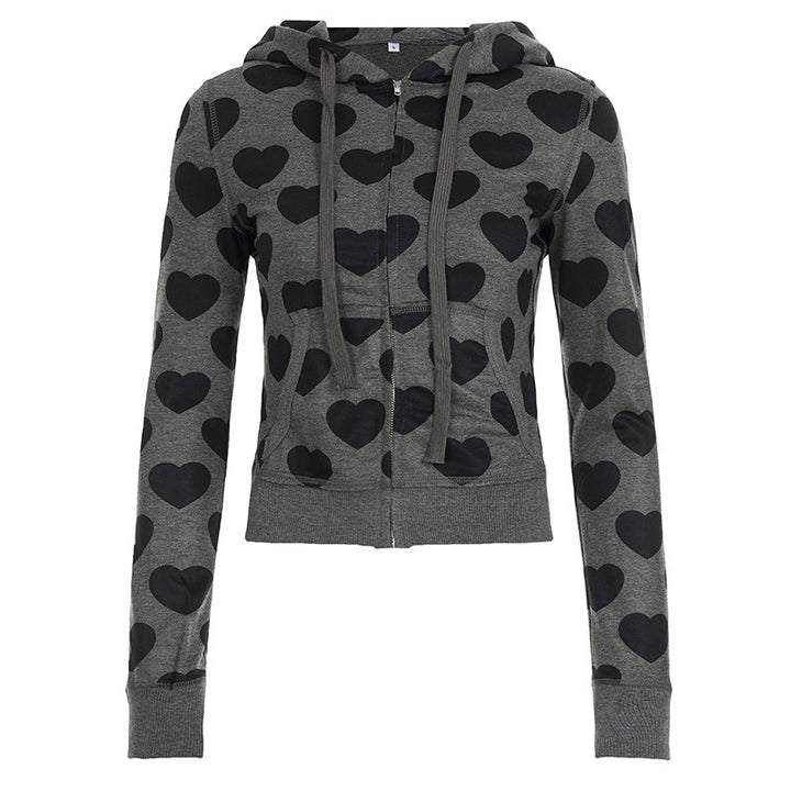 Damen Kurze Kapuzenjacke mit Reißverschluss, Kängurutasche und Allover-Herzmuster Drune