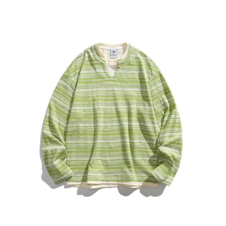 Unisex Gestreiftes Langarmshirt mit V-Notch und Lagen-Effekt Drune