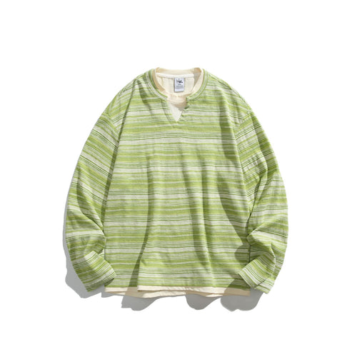 Unisex Gestreiftes Langarmshirt mit V-Notch und Lagen-Effekt Drune