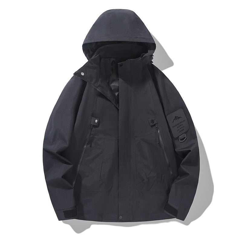 Herren Technische Kapuzen-Utility-Jacke mit verdeckter Frontblende, Reißverschluss-Taschen und Ärmeltasche Drune