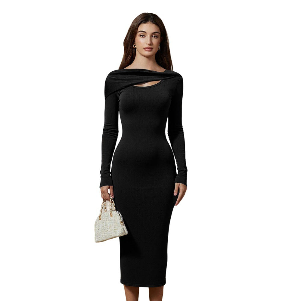 Damen figurbetontes Langarm-Kleid mit asymmetrischem Ausschnitt und elegantem Drapierungsdesign Drune