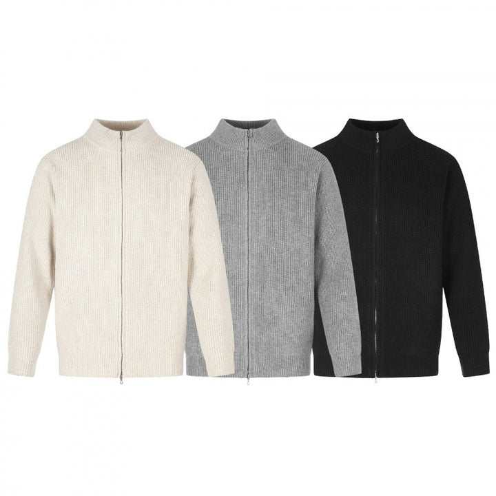 Unisex Reißverschluss-Strickjacke im Boxy‑Cut mit Stehkragen und Rippenstruktur Drune
