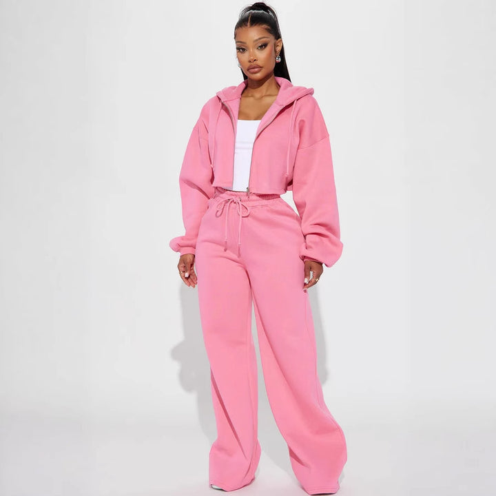 Damen Lässiges Fleece-Kapuzenoberteil mit weitem Schnitt und entspannter Hose Set Drune