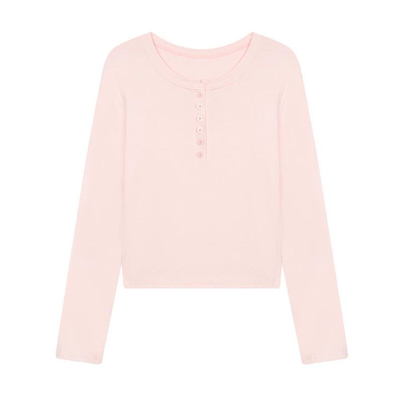 Damen Kurz geschnittenes Henley Langarmshirt aus Baumwolljersey mit Knopfleiste Drune